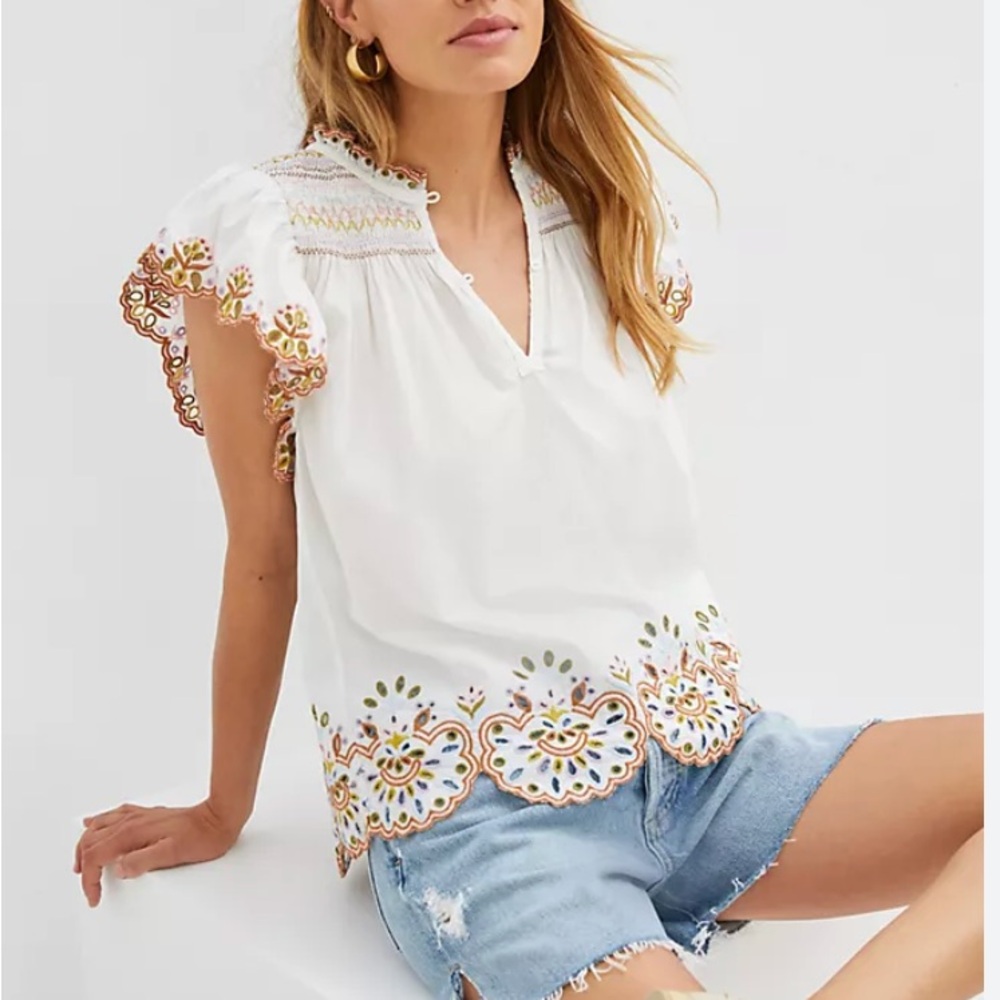 Love the Label Blouse with Flutter Sleeves and Embroidered Collar